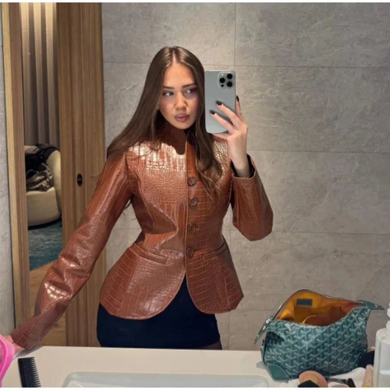 Coat – Crocodile Embossed Look – Polyester | KIMLUD