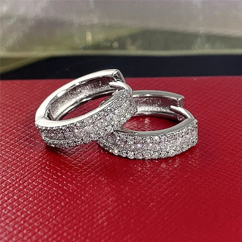 Sterling Silver Hoop Earrings Cubic Zircon Minimal Round Circle — Silver | KIMLUD