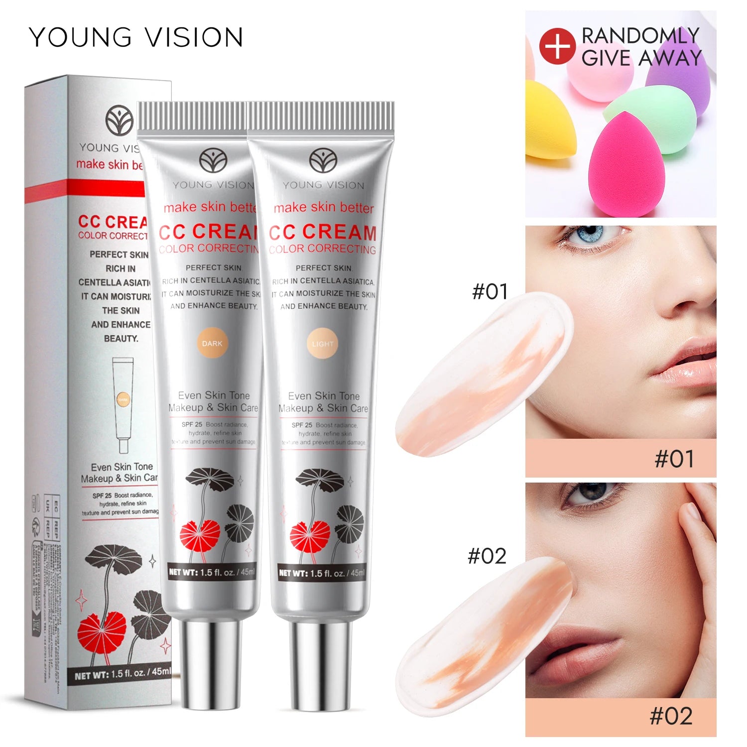 YOUNG VISION 2 Color Brightening CC Cream with Drop Puff for easy use as a makeup base and barrier cream.