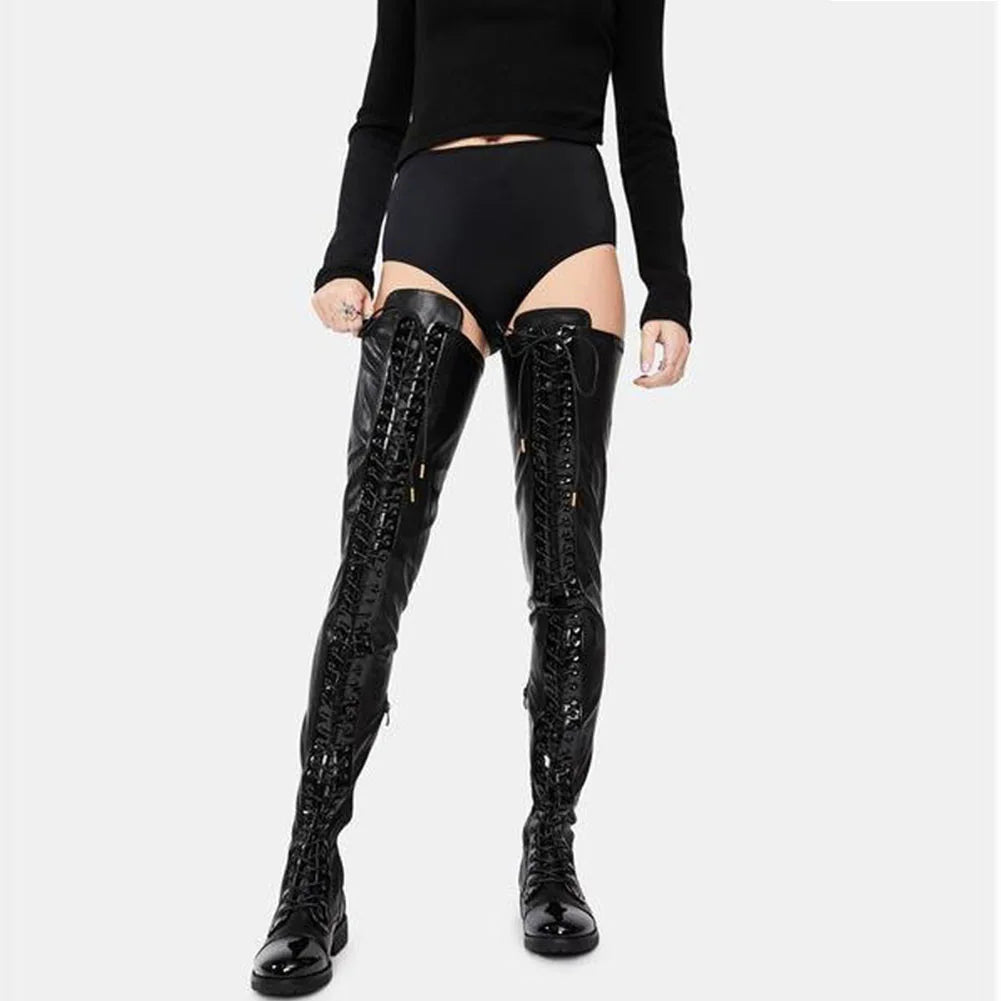 Low Heel Winter Boots Women 3.5CM Chunk Heels Nightclub Queen Lace-up Zipper Shoes Black Thigh High Boots Large Size 43 44 45