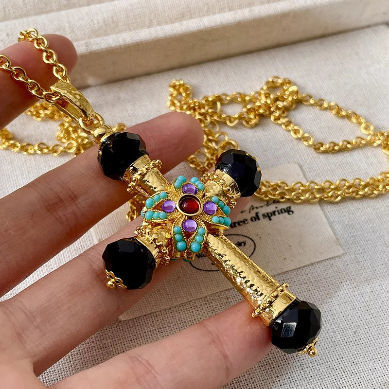 Crystal Cross Sweater Chain Necklace — Turquoise | KIMLUD
