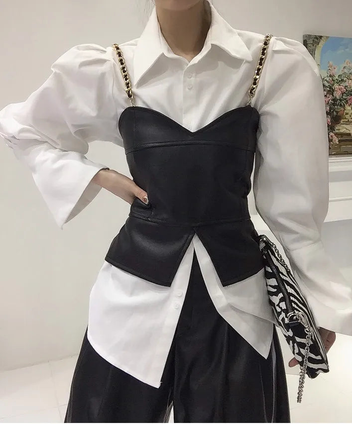 PU Leather Vest Two-Piece Shirt Set With Oversized Bubble Sleeves And Chain Detail — White | KIMLUD
