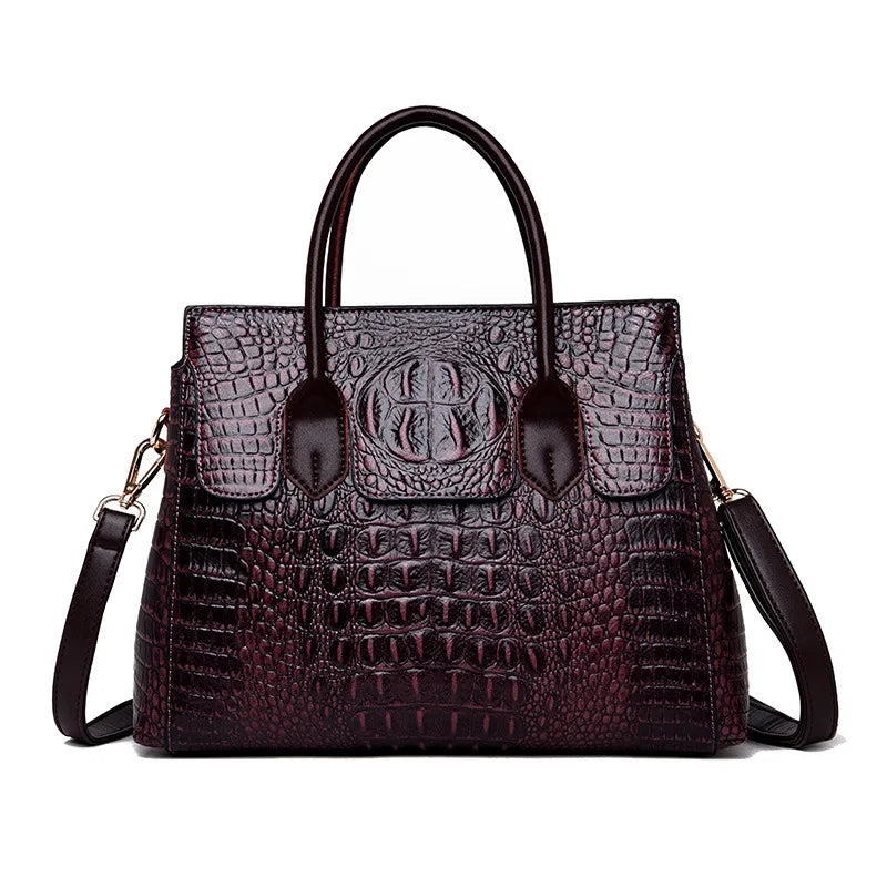 Genuine Leather Shoulder Bag Crocodile — Black | KIMLUD