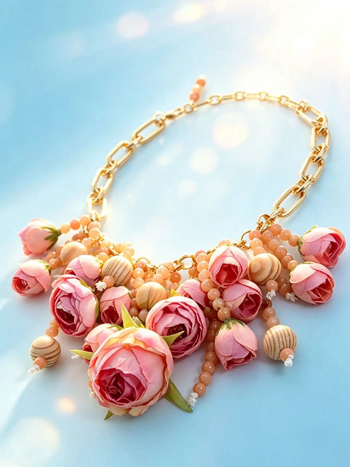 Summer Pink Floral Statement Necklace Handmade Fabric Rose Wood Bead Gold Chain Beach Vacation Jewelry