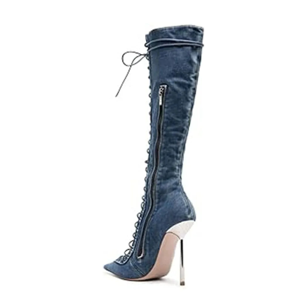 Mesh Leopard Cross Tie Knee-High Boots — Gray | KIMLUD