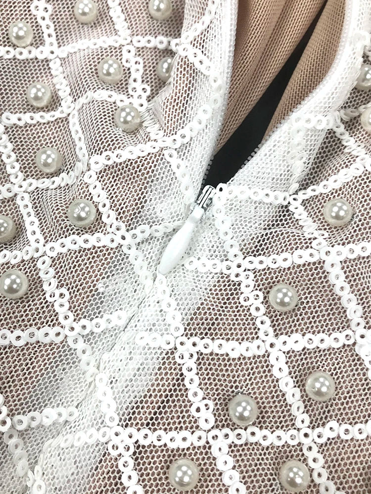 VC Pearl Sequins Hollow Out Short Dress For Women Sexy Long Sleeve Key Hole Bow Tie Diamond Beige Mini Evening Party Dress