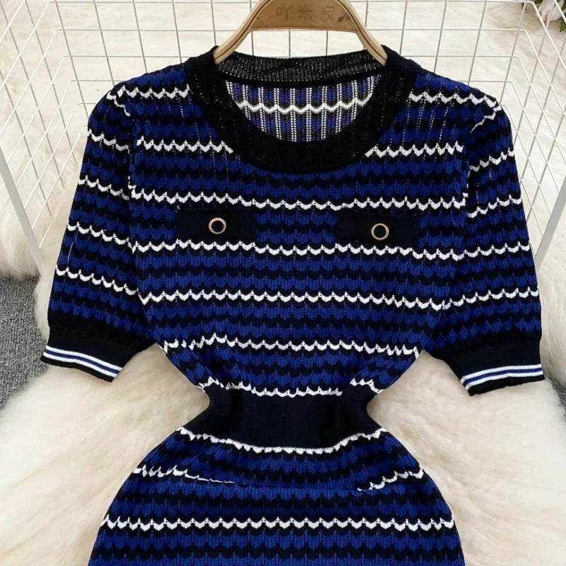 Knit Ribbed Striped Bodycon Midi Dress — Blue | KIMLUD