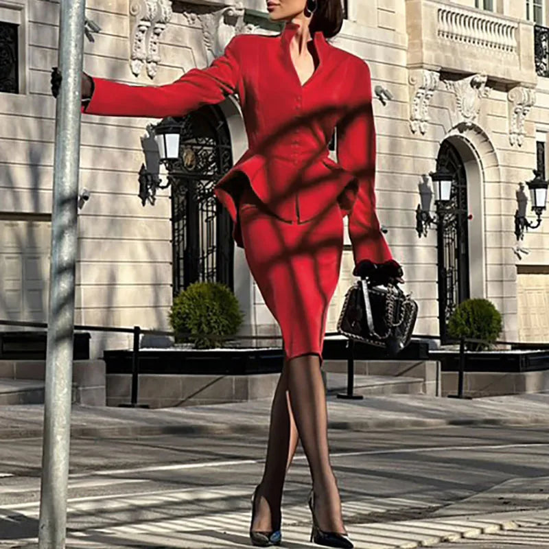 Commute Ladies Elegant Bodycon Outfit Spring Stand Collar Button Blazer Jacket+Slim Skirts Set Autumn Long Sleeve Slim 2pcs Suit