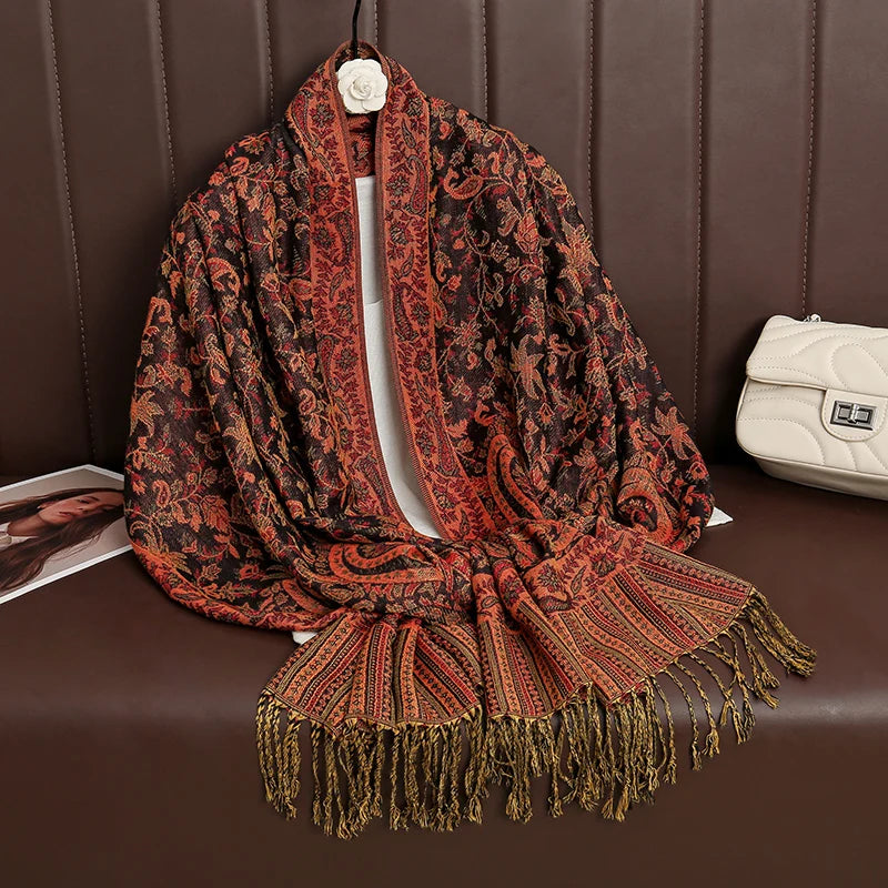 Cashmere Pashmina Shawl With Autumn Print Design, Olive Accents And Gold-Toned Fringe — Red | KIMLUD