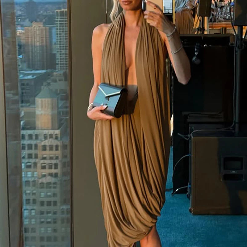 Ruffle-Detailed Dress Hollow-Out Backless Halter Neck Elegant — Cocoa Brown | KIMLUD