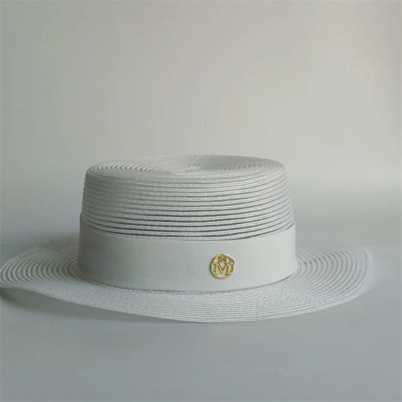 Straw Pearl Chain Flat Top Sun Hat — Beige | KIMLUD