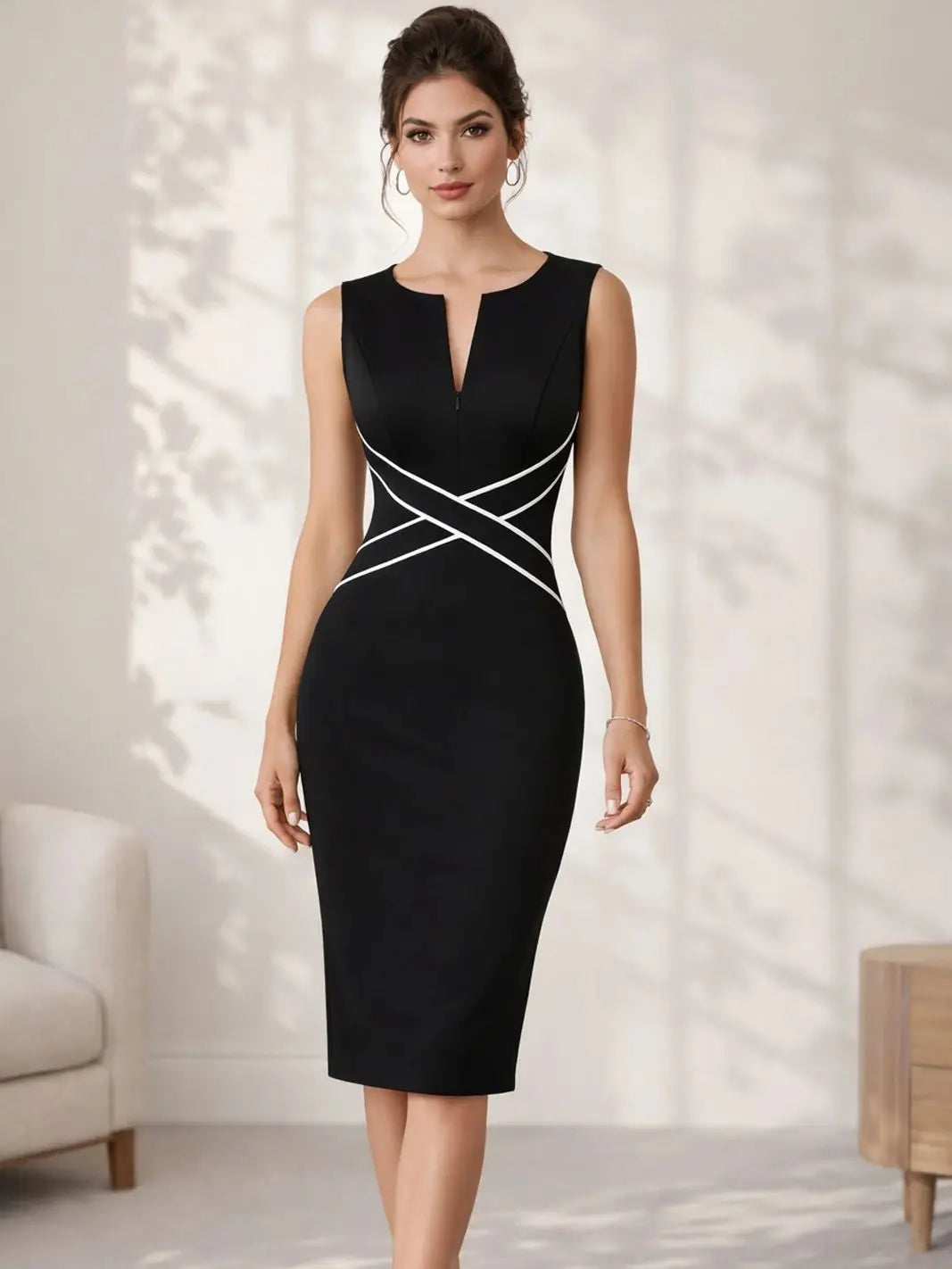 Polyester Elastane Knit Solid Sheath Dress — Black | KIMLUD