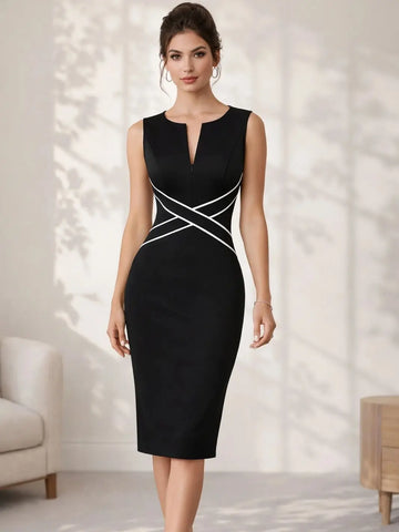 Polyester Elastane Knit Solid Sheath Dress — Black | KIMLUD