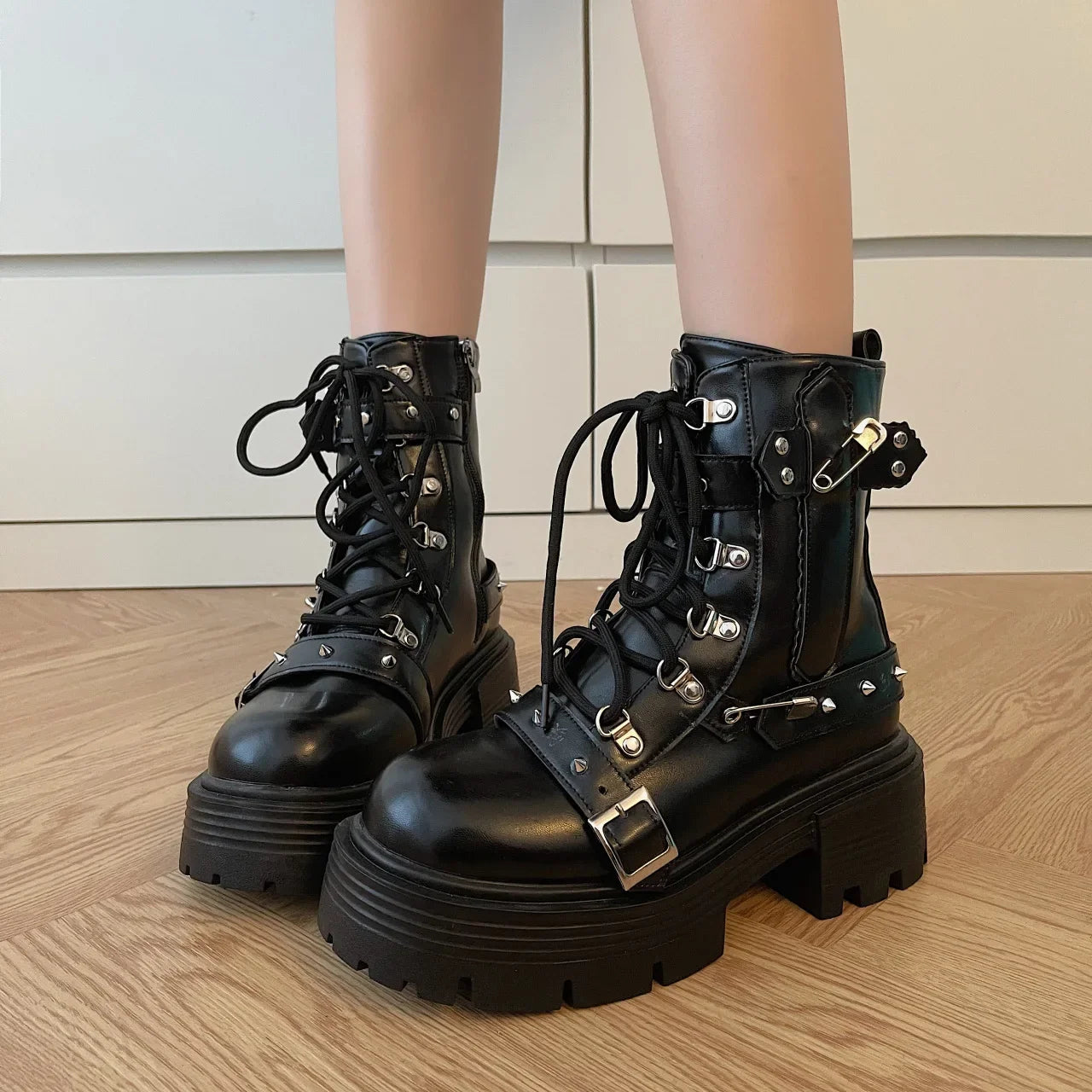 2024 NEW Punk Style Women Boots Lace-up heel height Platform Shoes Woman Gothic Ankle Rock Boots Metal Decor Woman Sneakers