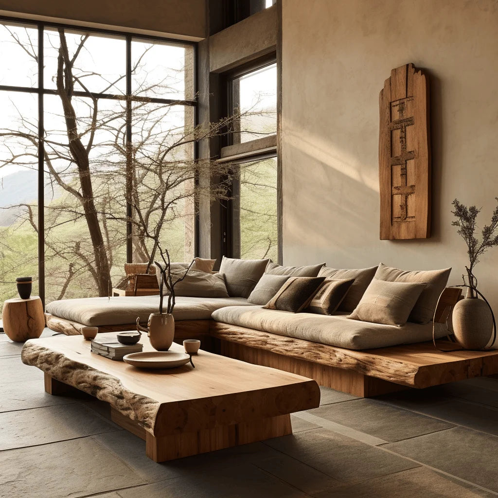 Solid Wood Wabi-Sabi L-Shaped Sofa With Log-Inspired Silhouette — Cream | KIMLUD