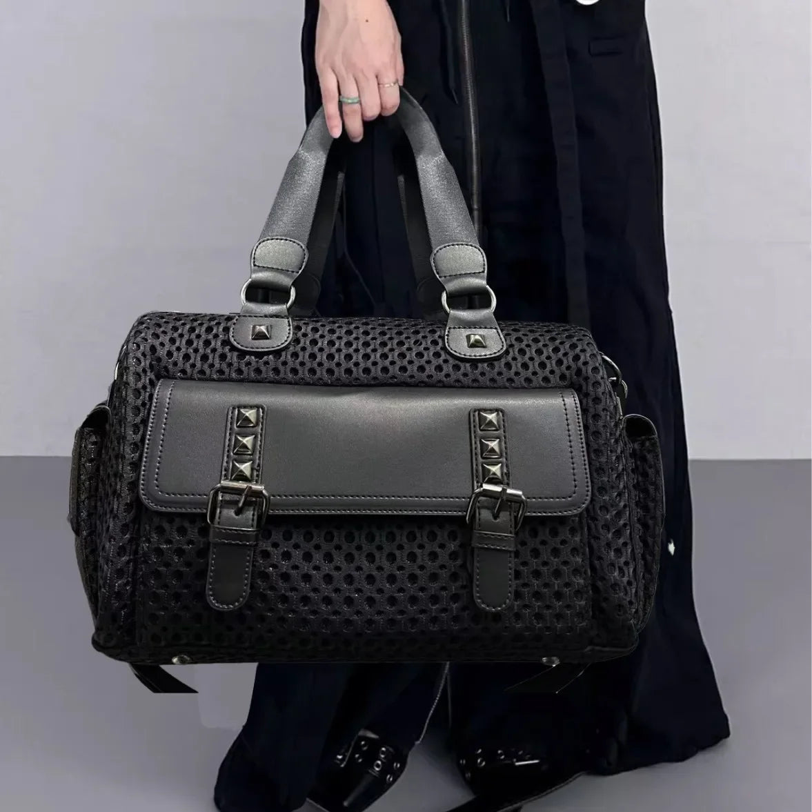 PU Leather Y2K Punk Wide Shoulder Bag — Black | KIMLUD