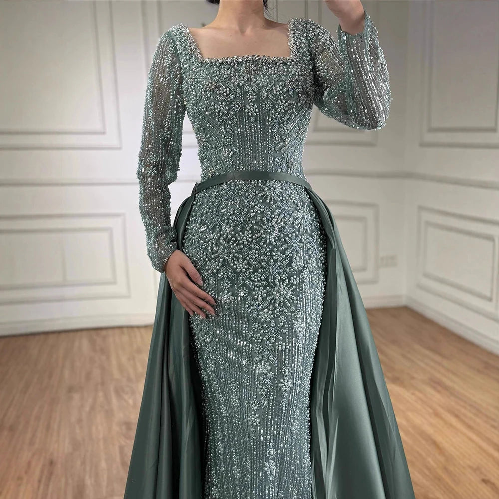 Mermaid Beaded Evening Gown With Overskirt And Built-In Bra In Luxe Beadwork — Caramel | KIMLUD