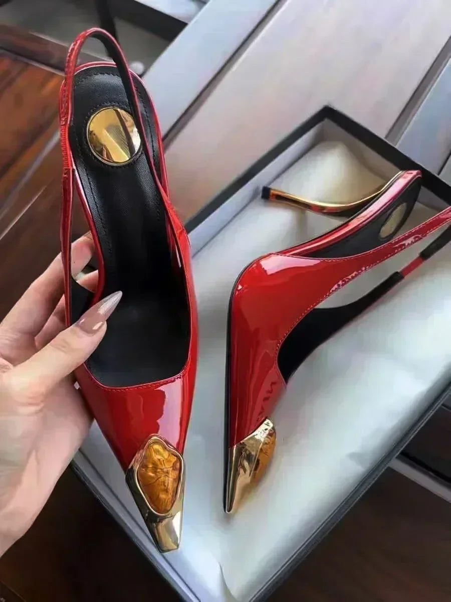 Metal Jewel Decoration Heels Pointed Toe Patent Leather — Black | KIMLUD