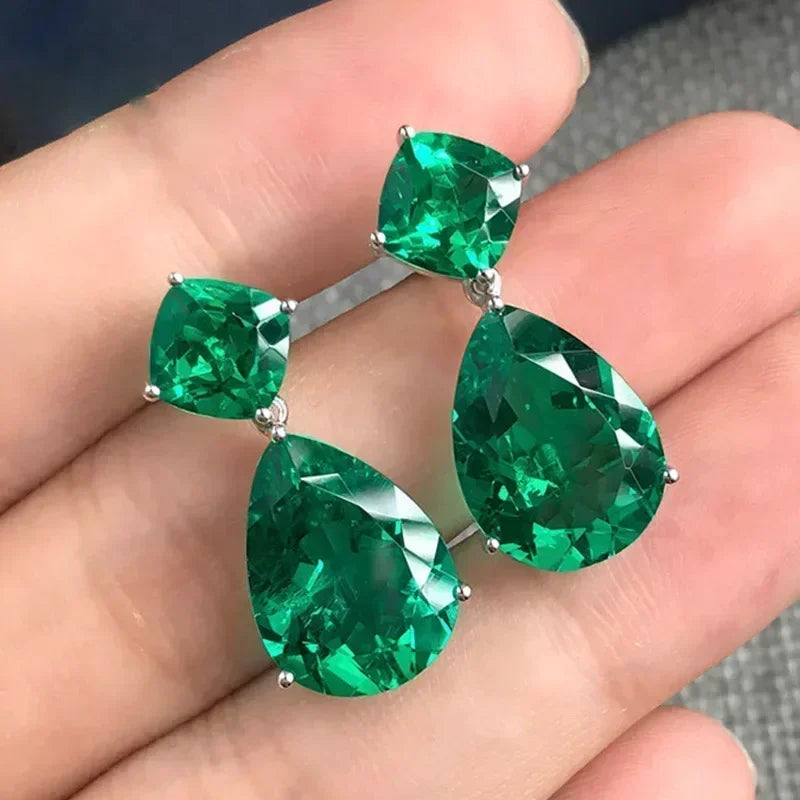 Cubic Zirconia Drop Earrings Water-Drop Inlaid — Emerald | KIMLUD