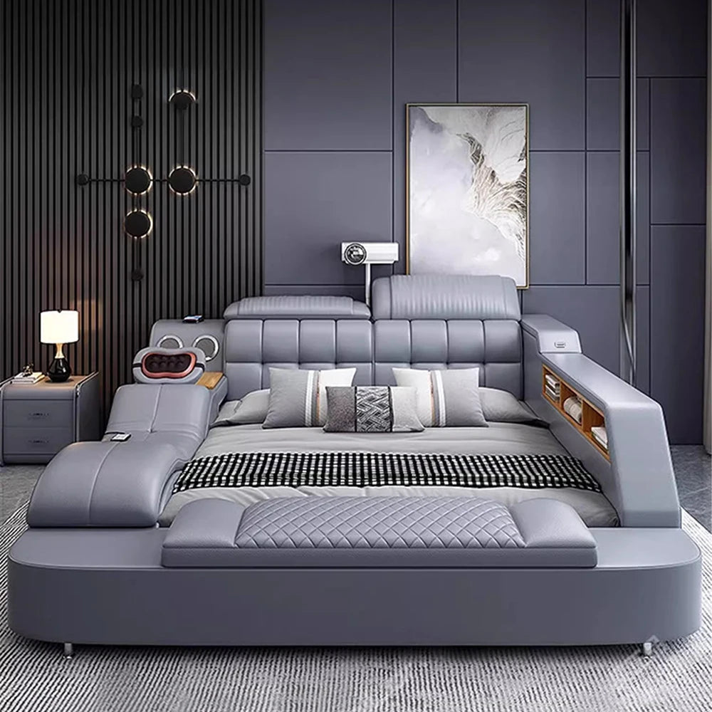 Genuine Leather King-Size Bed With USB Massage — Graphite Gray | KIMLUD