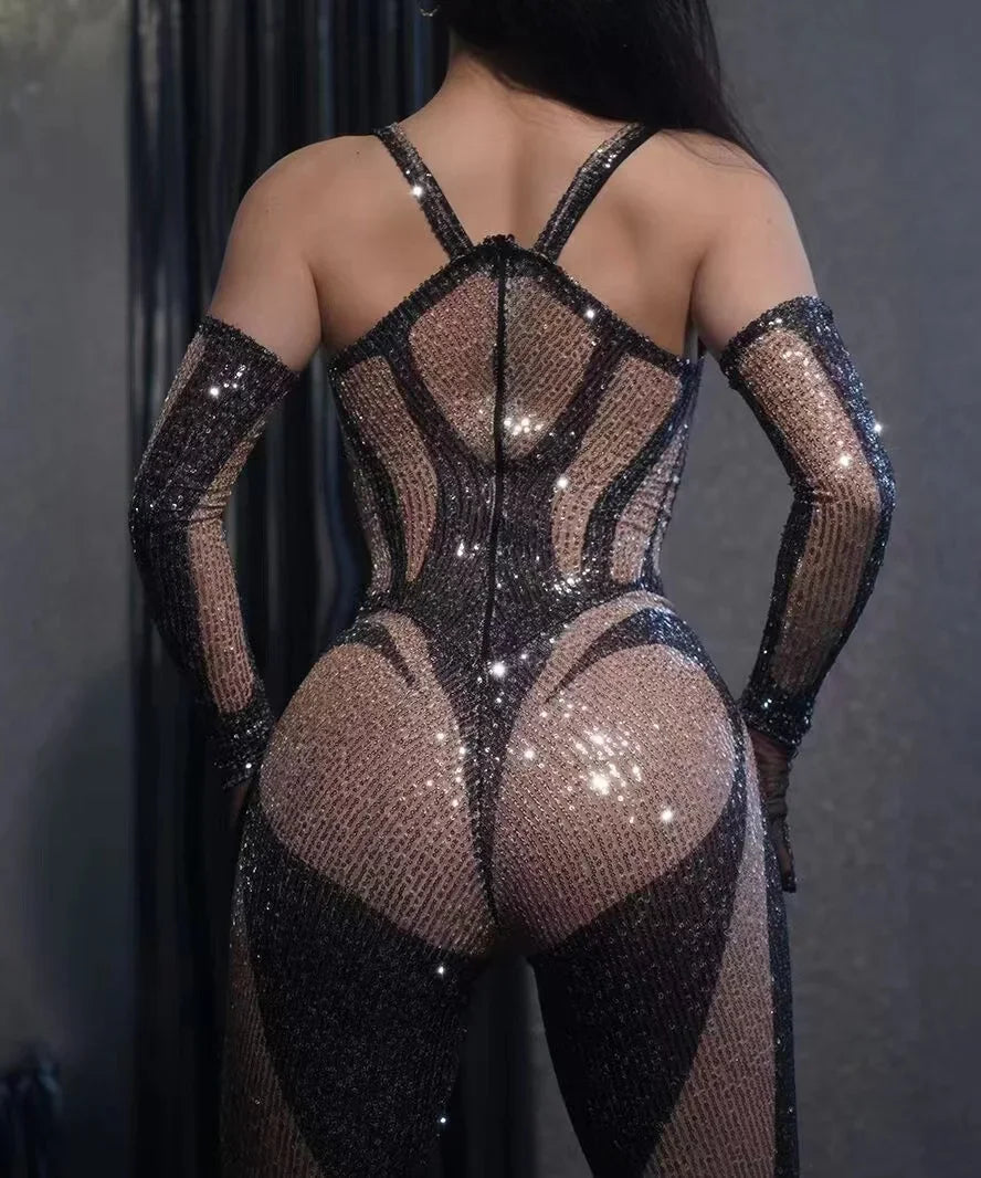 Sexy Black Sequin Jumpsuit Gloves Woman Nightclub Slip Leotard Dance Costume Birthday Party Wear Pole Dance Drag Queen Clothes - KIMLUD