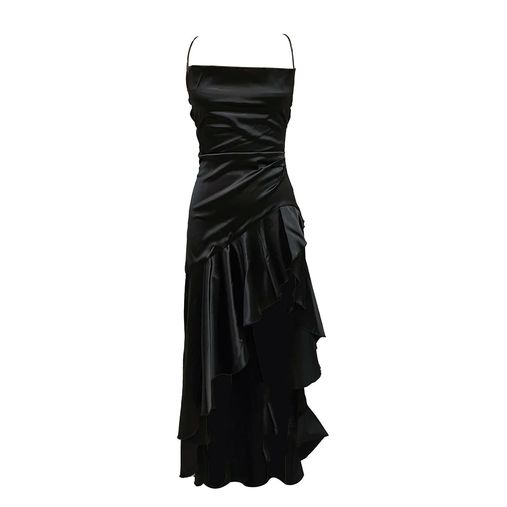 VC Elegant Black Satin Maxi Dress with Crisscross Spaghetti Straps and High Slit Ruffled Hem for High - Profile Occasions
