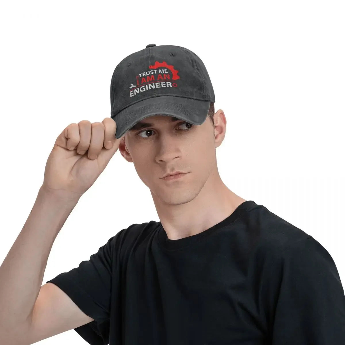 Washed Denim Trucker Cap With Bold Logo — Red | KIMLUD