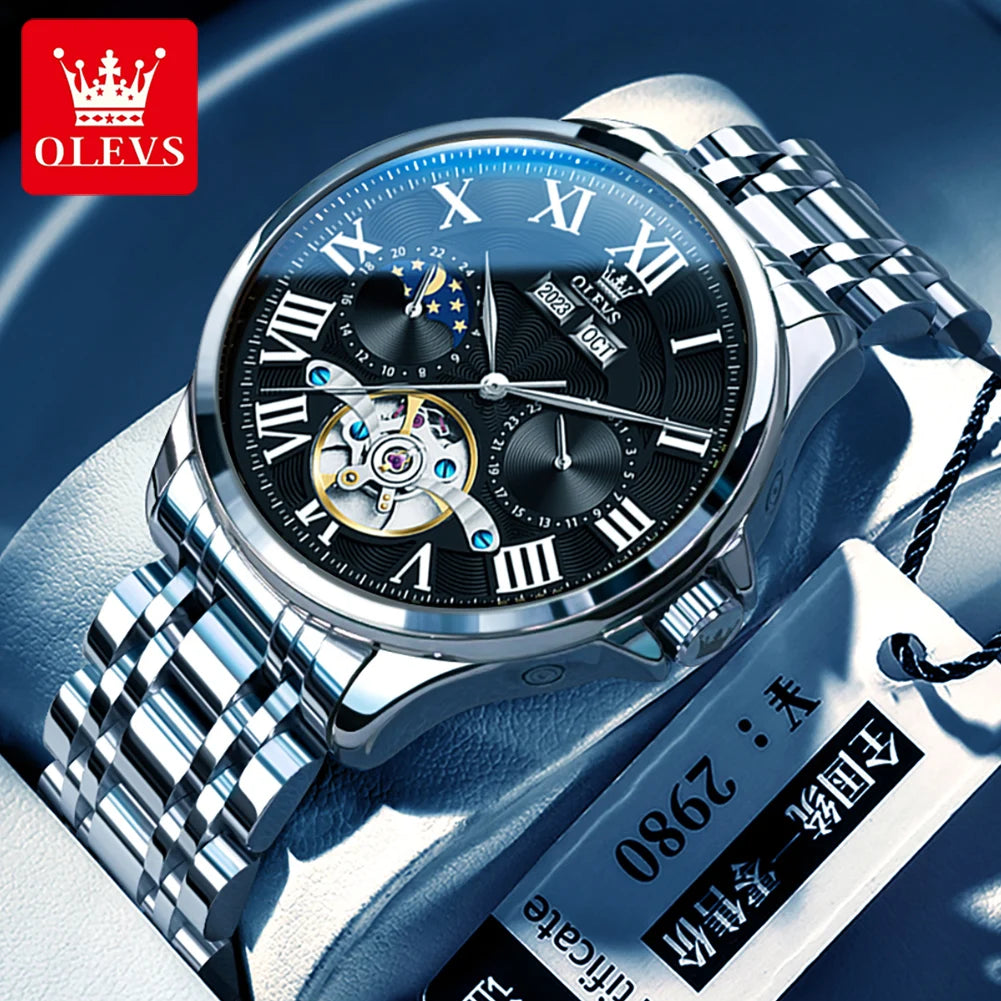 Stainless Steel Tourbillon Watch Moon Phase Calendar — Silver | KIMLUD
