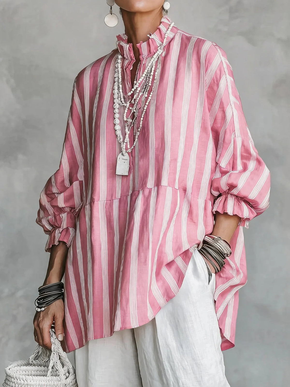 Blouse – Stripes Print – Loose Silhouette – Autumn Casual | KIMLUD