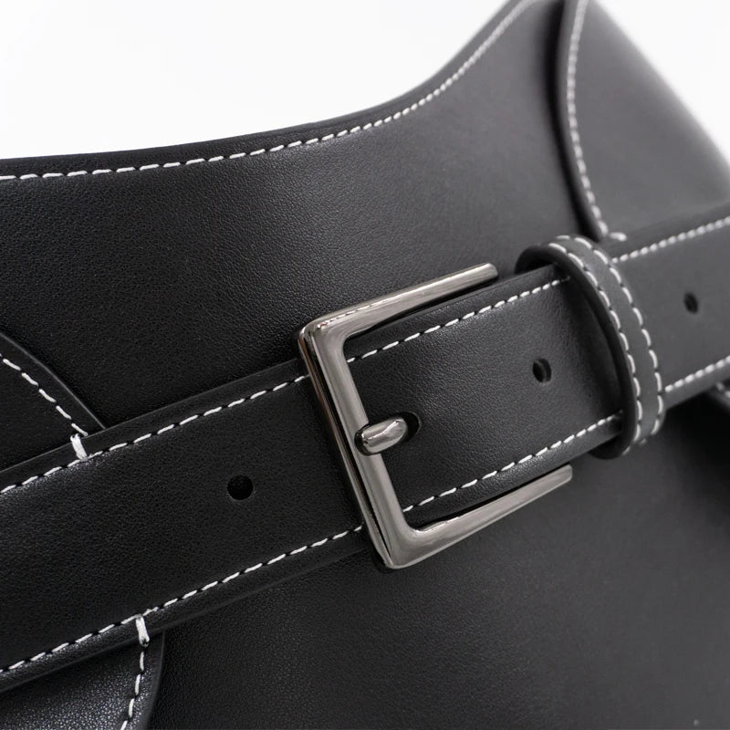 Belt – Top-Stitched Waist Belt – Split Leather – Black | KIMLUD