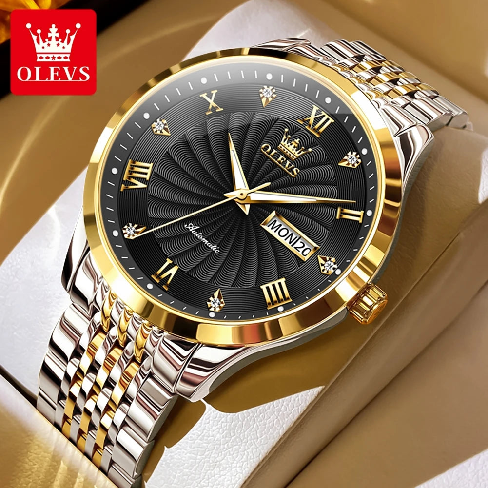 OLEVS Top Brand Automatic Mechanical Men Watch Threaded Dial Waterproof Stainless Steel Strap Classic Men's Watches Luxury
