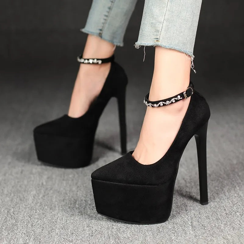 2026Stylish Rhinestone Straight Heel Single Shoes Stylish Pointed Toe Shallow Mouth Platform Heels