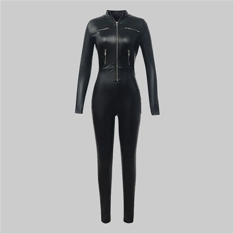 Jumpsuit – Zipper Detail – PU Leather – Black | KIMLUD