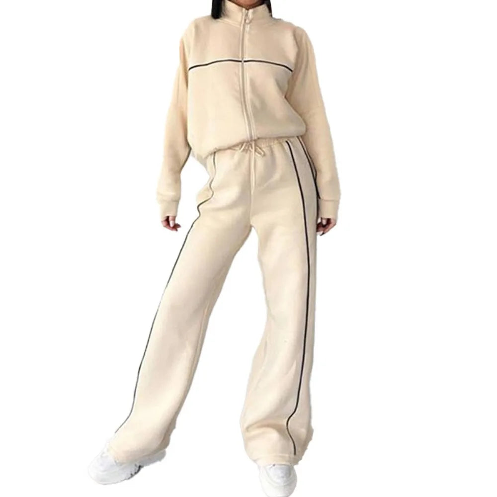 Polyester Tracksuit Set — Hooded Jacket With Pockets Two-Piece For Autumn Office Wear — Black | KIMLUD