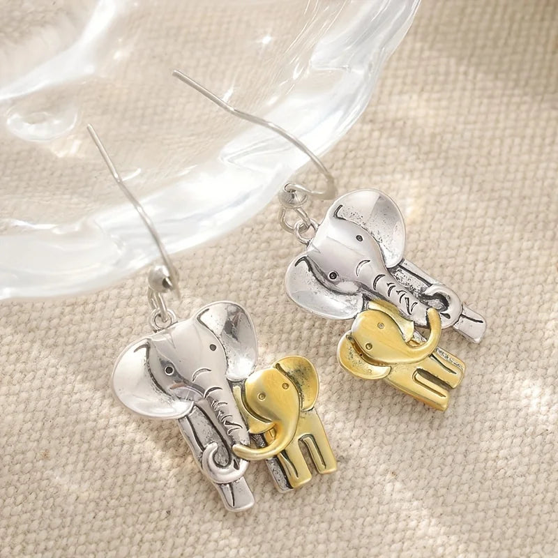 Vintage Handmade Two Tone Elephant Earrings, Animal Earrings, Elephant Enthusiast Earrings