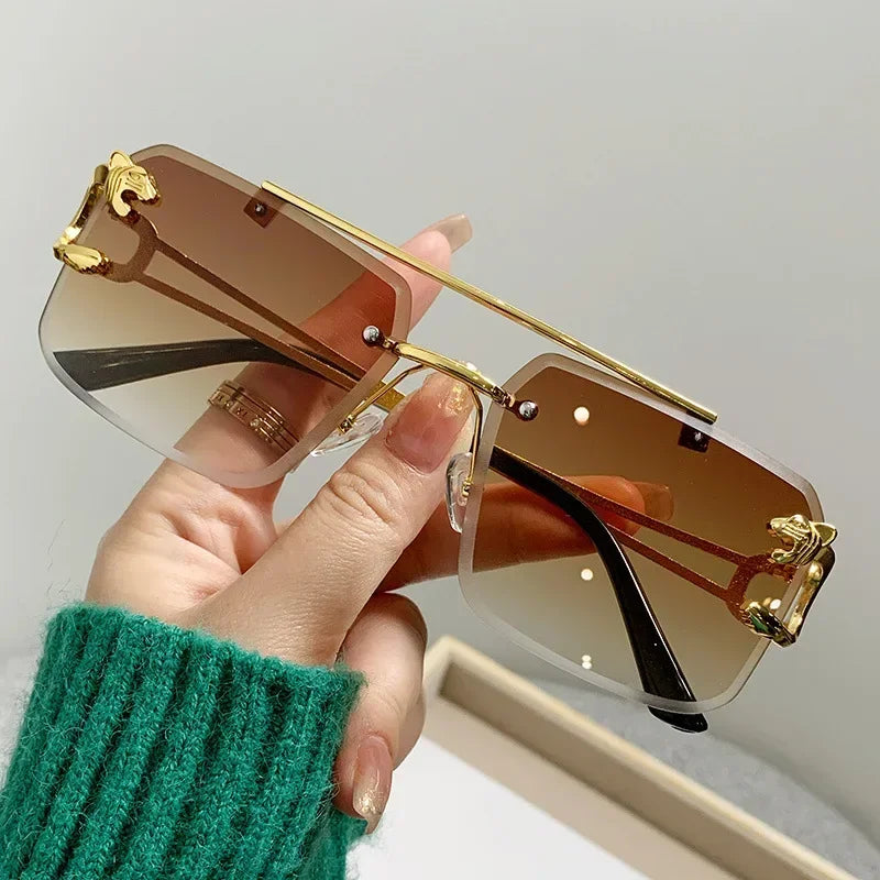 Rimless Square Sunglasses Gold-Tone Frame With Sculpted Hinges And Signature Shine — Black | KIMLUD