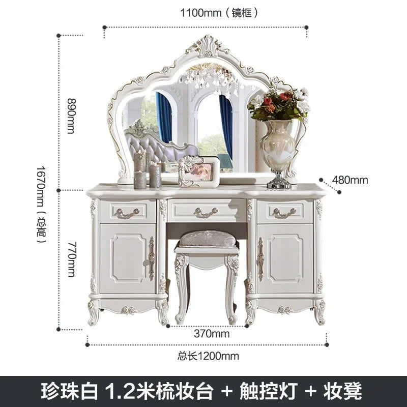 Wooden European Luxury Vanity Table With Arch Mirror — White | KIMLUD