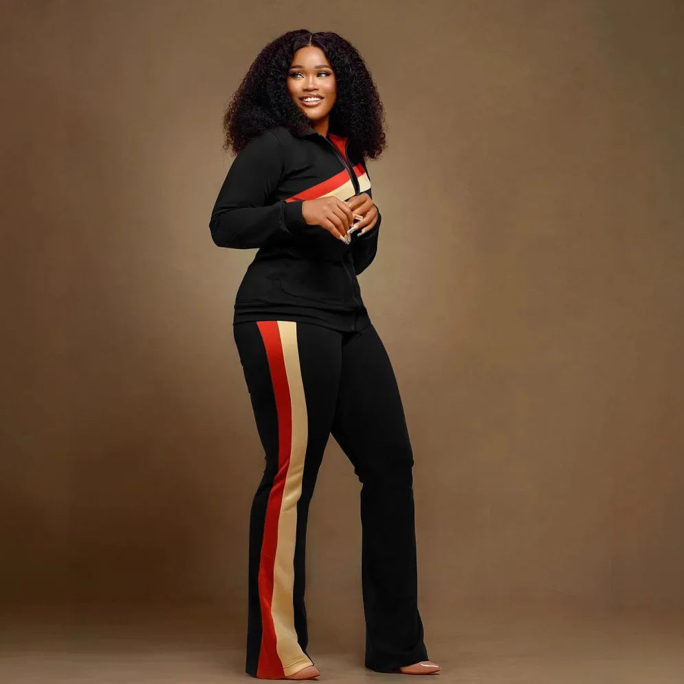 Knit Striped Splicing Two-Piece Sports Set Cream And Burnt-Orange Stripe Panels — Black | KIMLUD