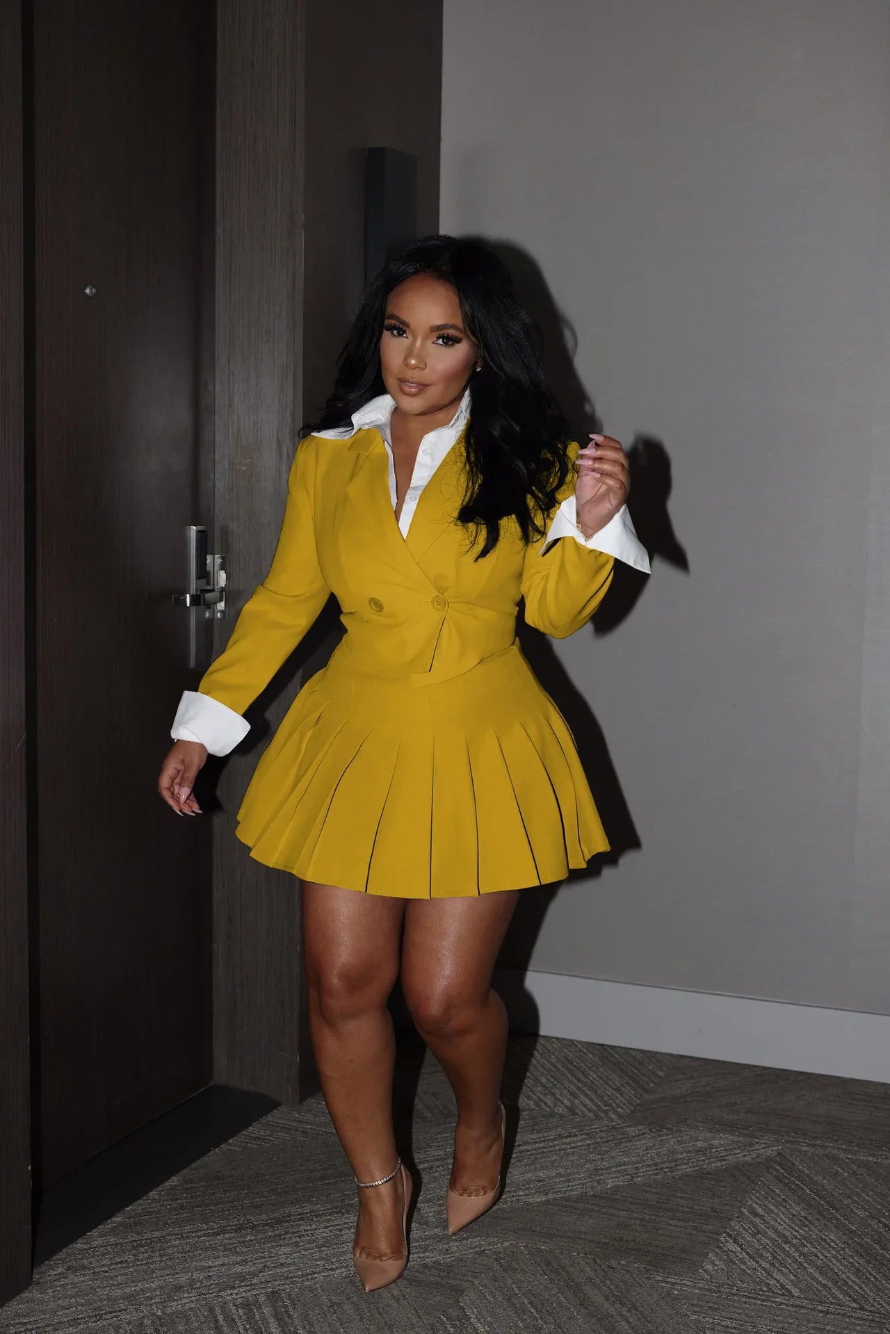 BWQ 2026 INS Women Fashion Pleated Mini Skirts Suit and Shirt Patchwork Long Sleeve Blazer Matching 2 Two Piece Set Outfits