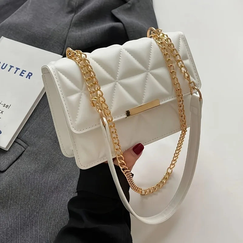 PU Leather Shoulder Bag Quilted Chain Small Square — Black | KIMLUD