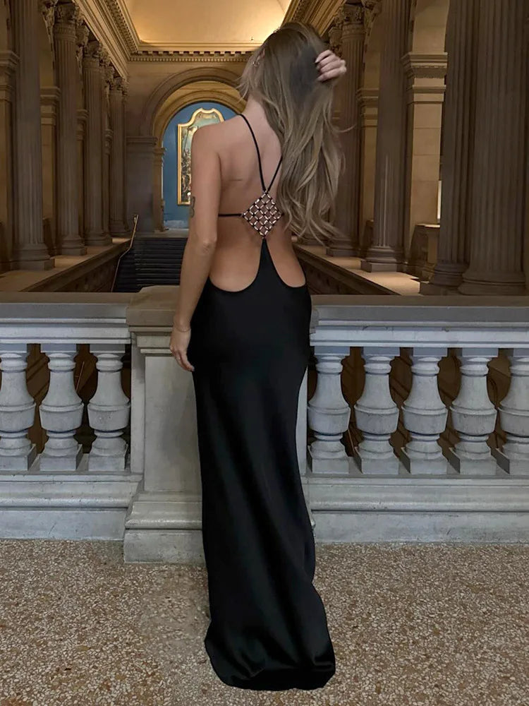 Evening Dress – Halter Neck – Polyester – Black | KIMLUD