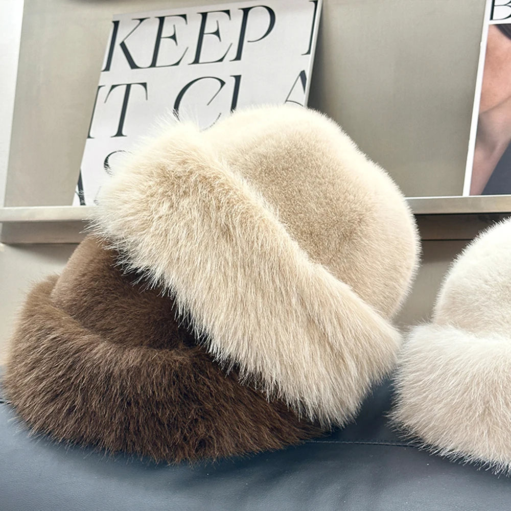 Mink Fur Hat Plush Cotton Lining Warm Winter — Black | KIMLUD