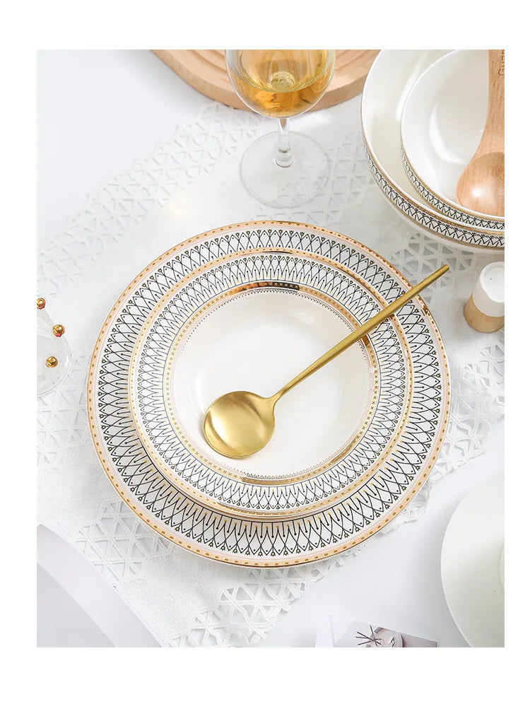 Ceramic Dinner Plates Golden Bead Trim — White | KIMLUD