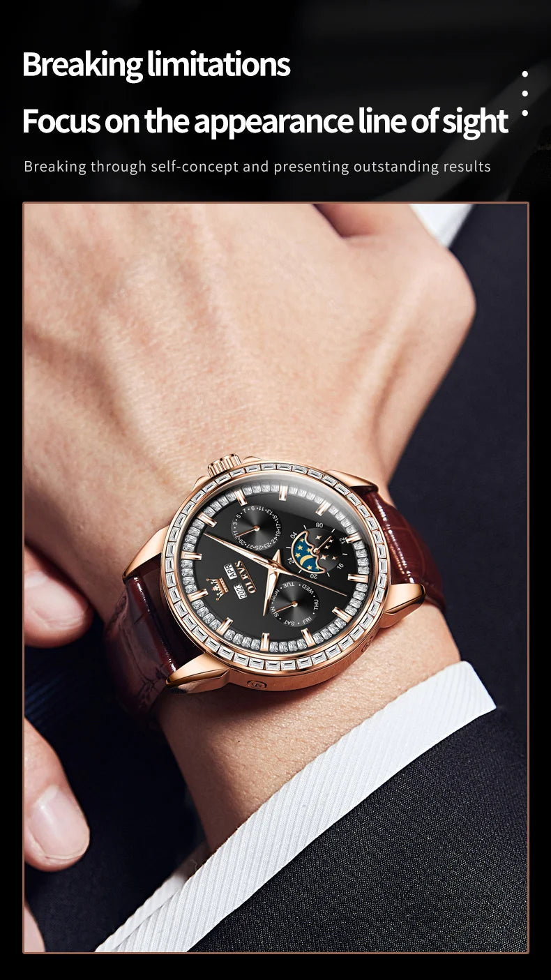 Moon Phase Leather Luxury Watch Diamond Bezel With Automatic Movement 41mm Case — Blue | KIMLUD
