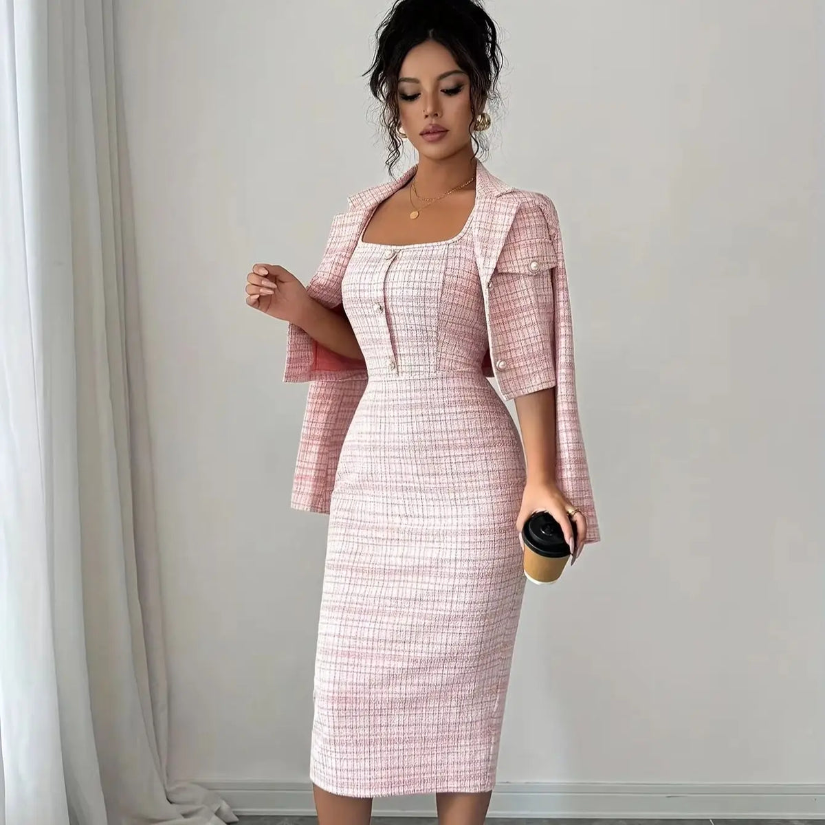 Two-Piece Dress Set – Reversible Collar – Knee-Length Polyester | KIMLUD