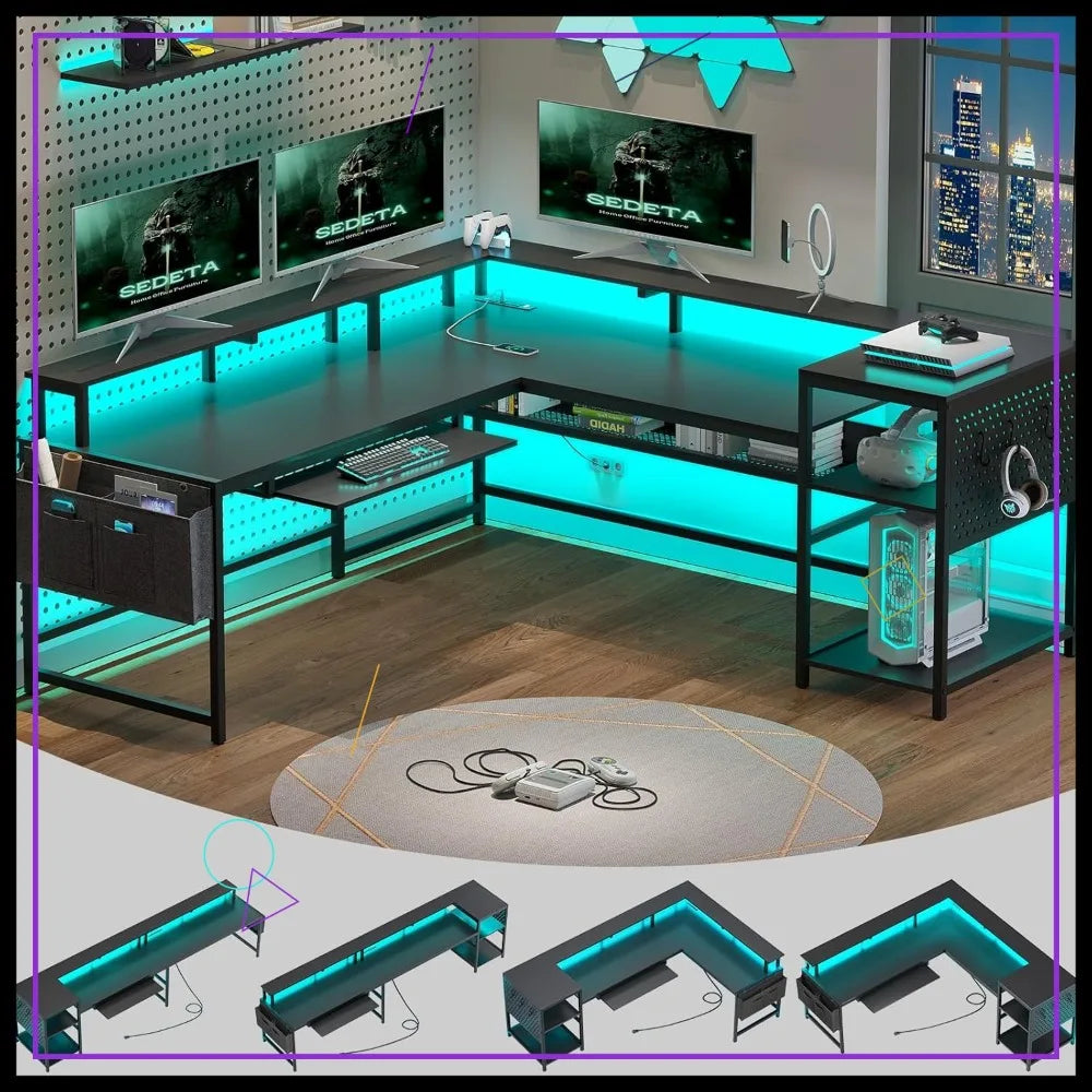 L-Shaped Gaming Desk with Power Outlets, LED Lights & Storage - Reversible Design for Home Office