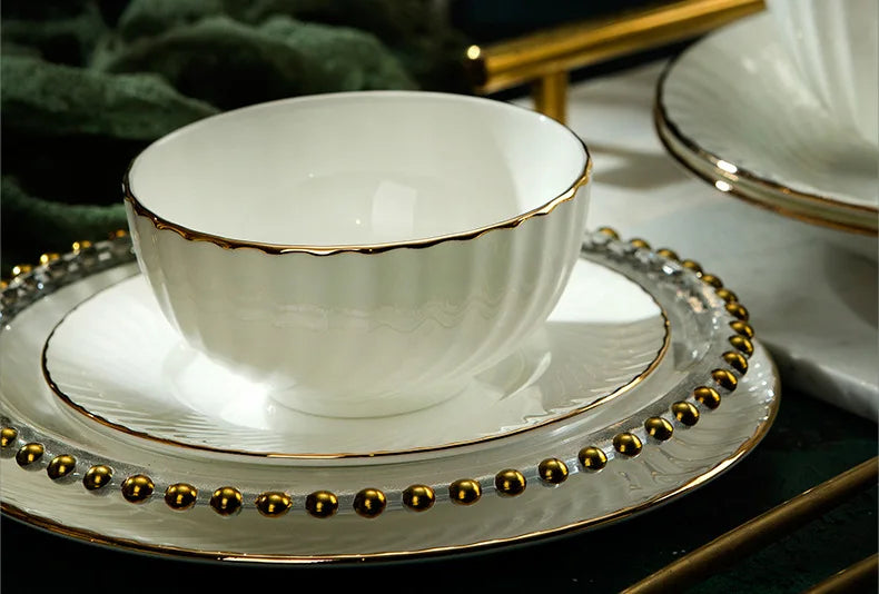 Bone China Dinnerware Set With Gold Accents — White | KIMLUD