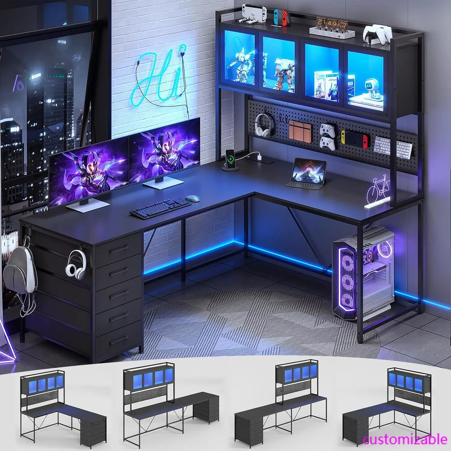 L Shaped Gaming Desk with Drawers,Gaming Desk with Pegboard, Led Lights, and Power Outlet, Home Office Desk, Corner Desk, Black