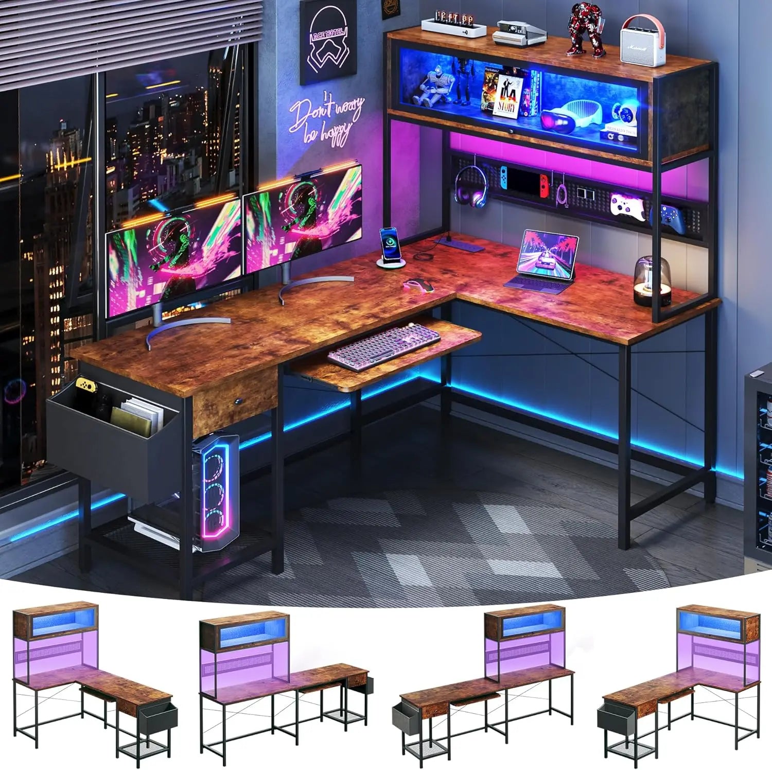 L Shaped Gaming Desk with Power Outlets & LED Lights, 49'' Reversible Computer Desk with Hutch & Pegboard & Display Cabinet