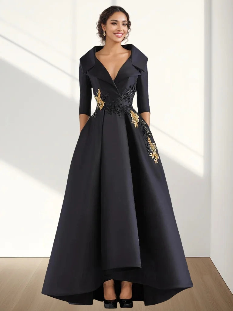 A-Line Evening Gown Vintage Elegant Dress Floor Length 3/4 Length Sleeve V Neck Satin with Beading Appliques 2024